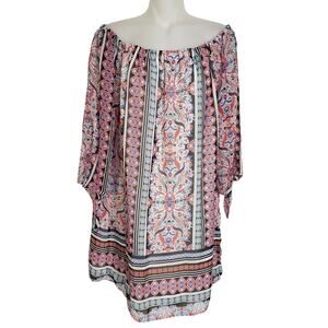 Tacera Women Dress Medium Mini Off Shoulder Multicolor Lined 3/4 Tie Sleeve Boho